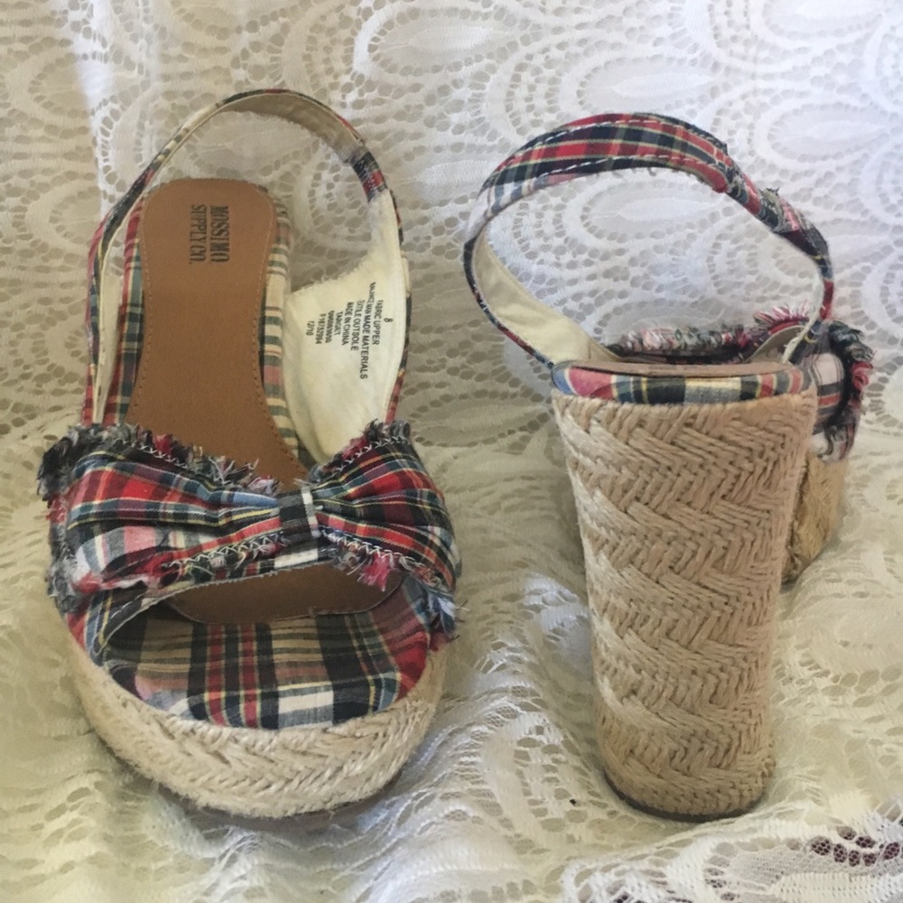 Plaid wedge open-toed shoes